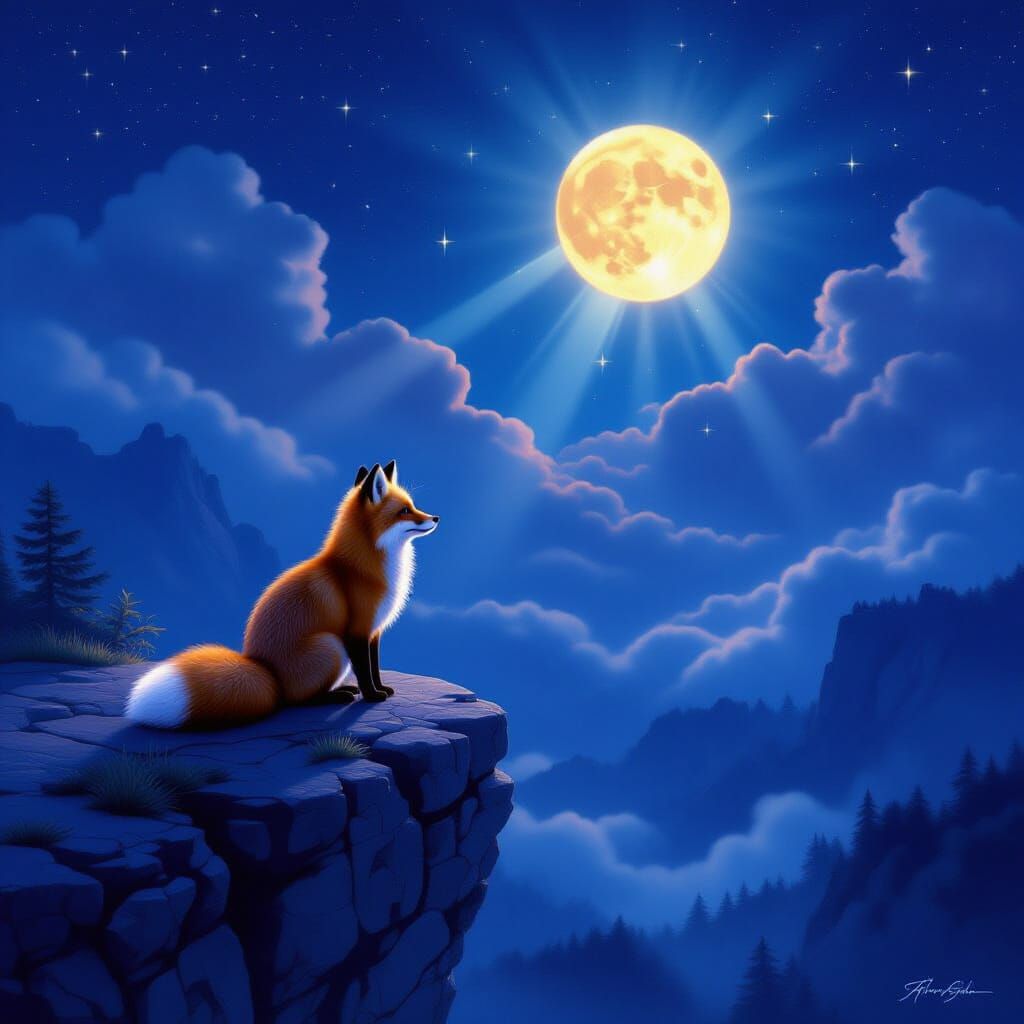 Fox on Cliff Under Luminous Full Moon and Stars