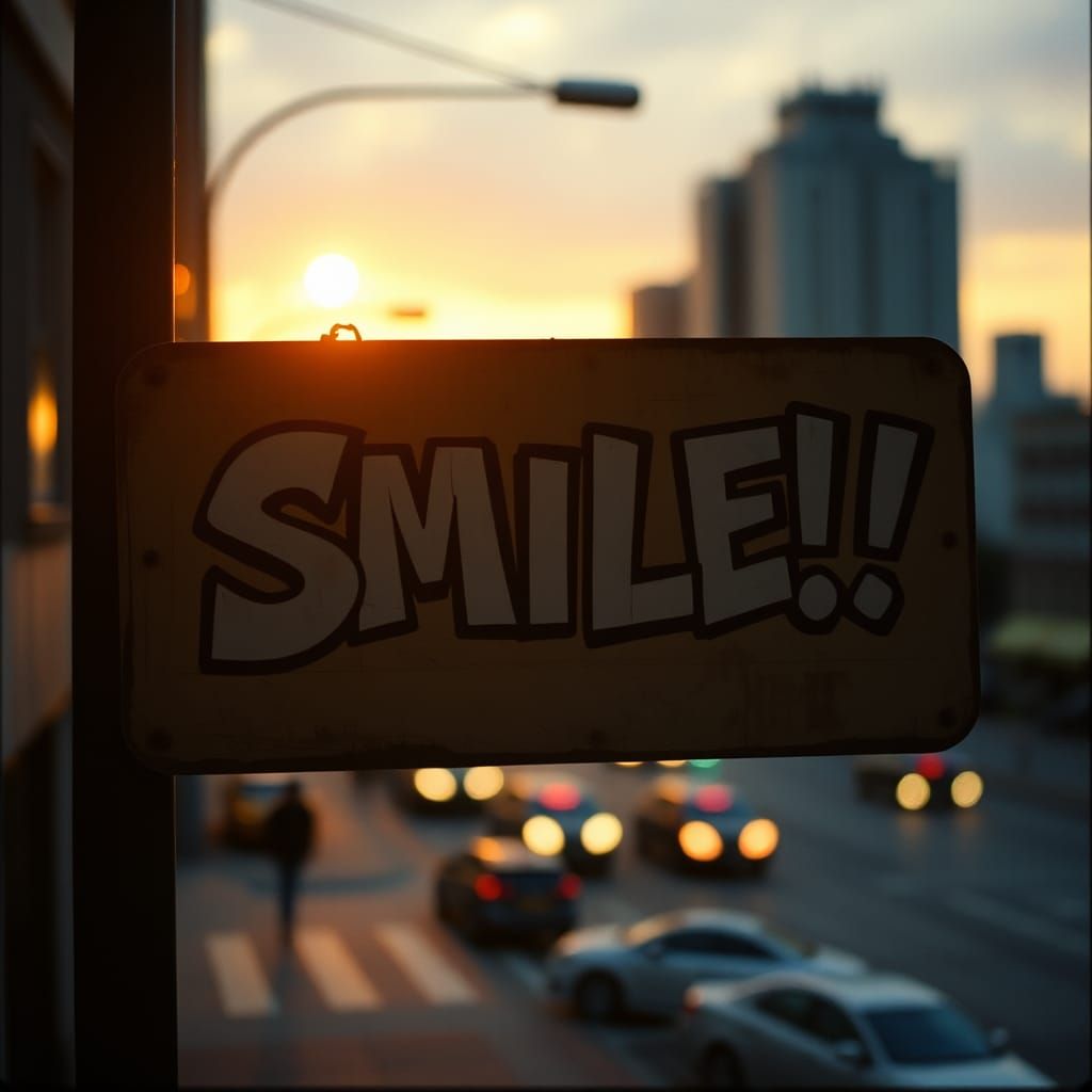 Distressed Retro Sign Shouts to Smile in Cityscape