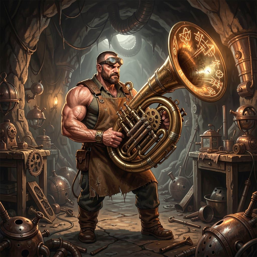 Steampunk Man Wields Ornate Tuba Gun
