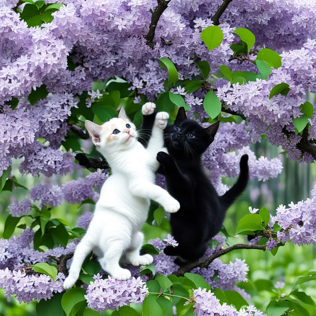 Kittens Play in Lilac White Tree