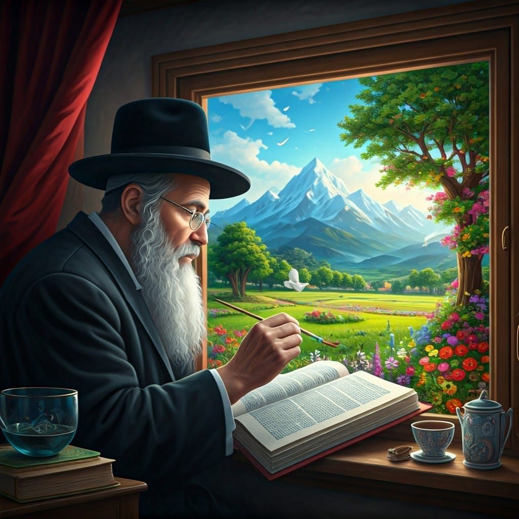 Hasidic Jew Studies Torah Amidst Painted Landscape