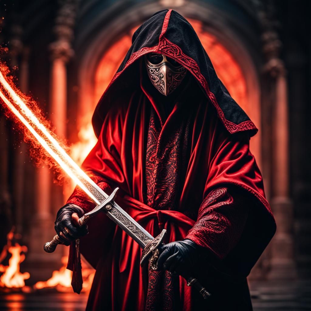 Masked Cultist with Fiery Sword in a Cinematic Portrait