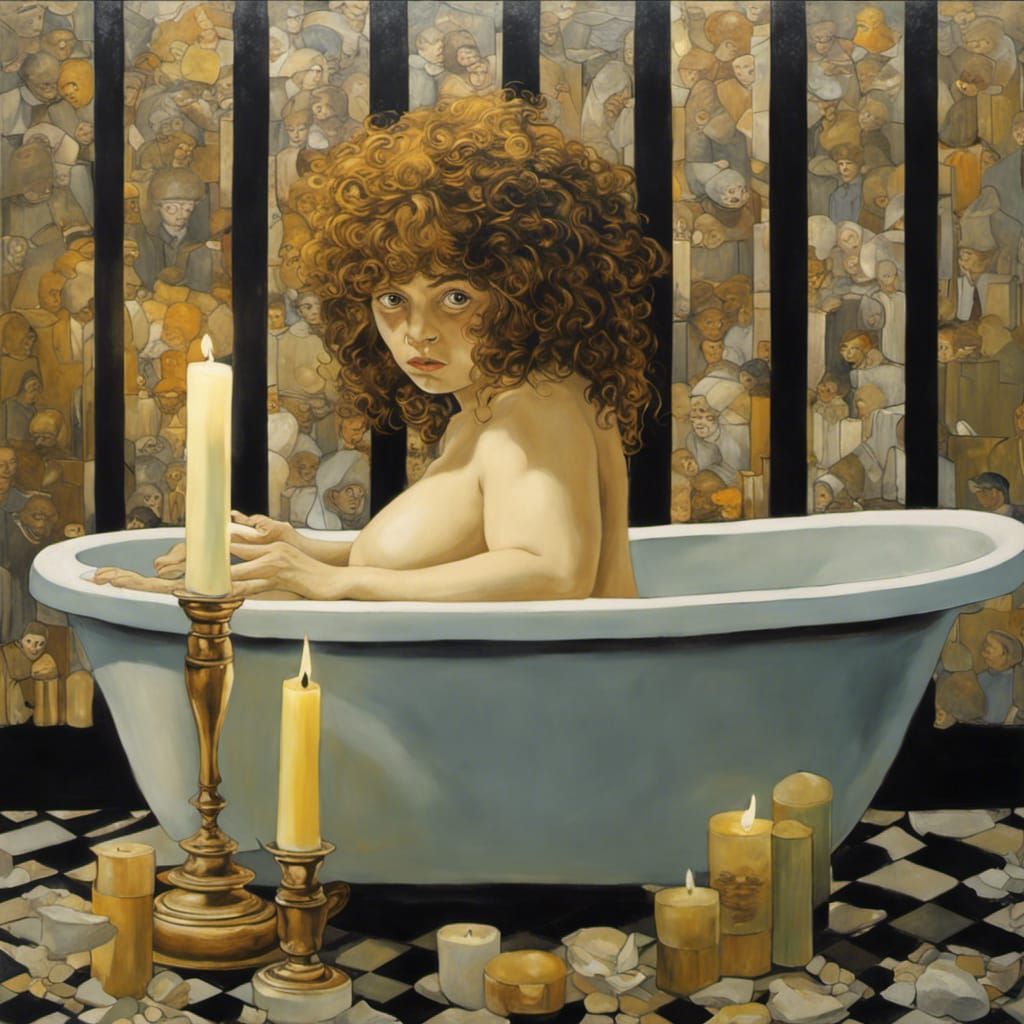 Gremlin in a bath with candles Gustav Klimt Guido Borelli Steven Belledin art Nouveau brutalism cubism oil painting pano...
