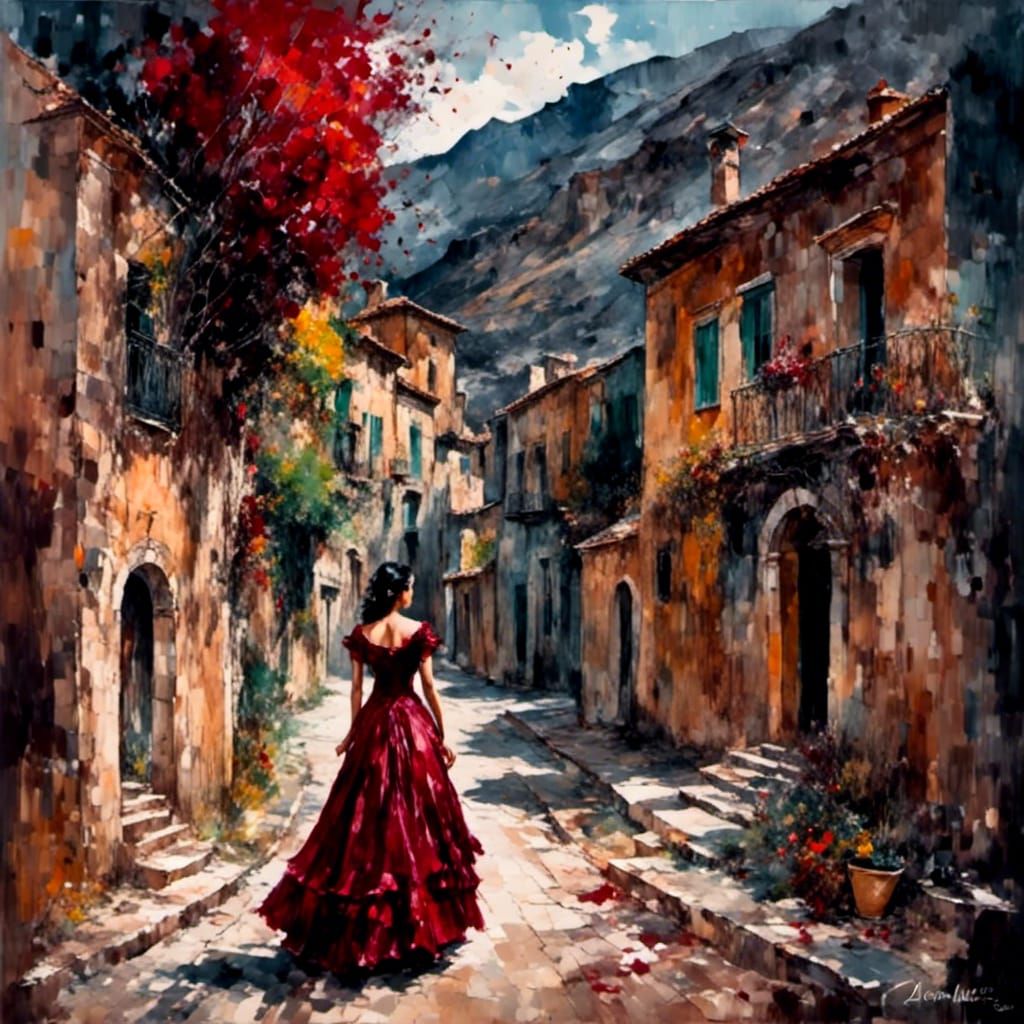 Mexican Heiress Outside Gothic Mansion as Oil Painting