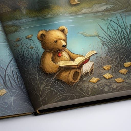 Teddy Bears Reading by Stream, Illustrated Fantasy Art