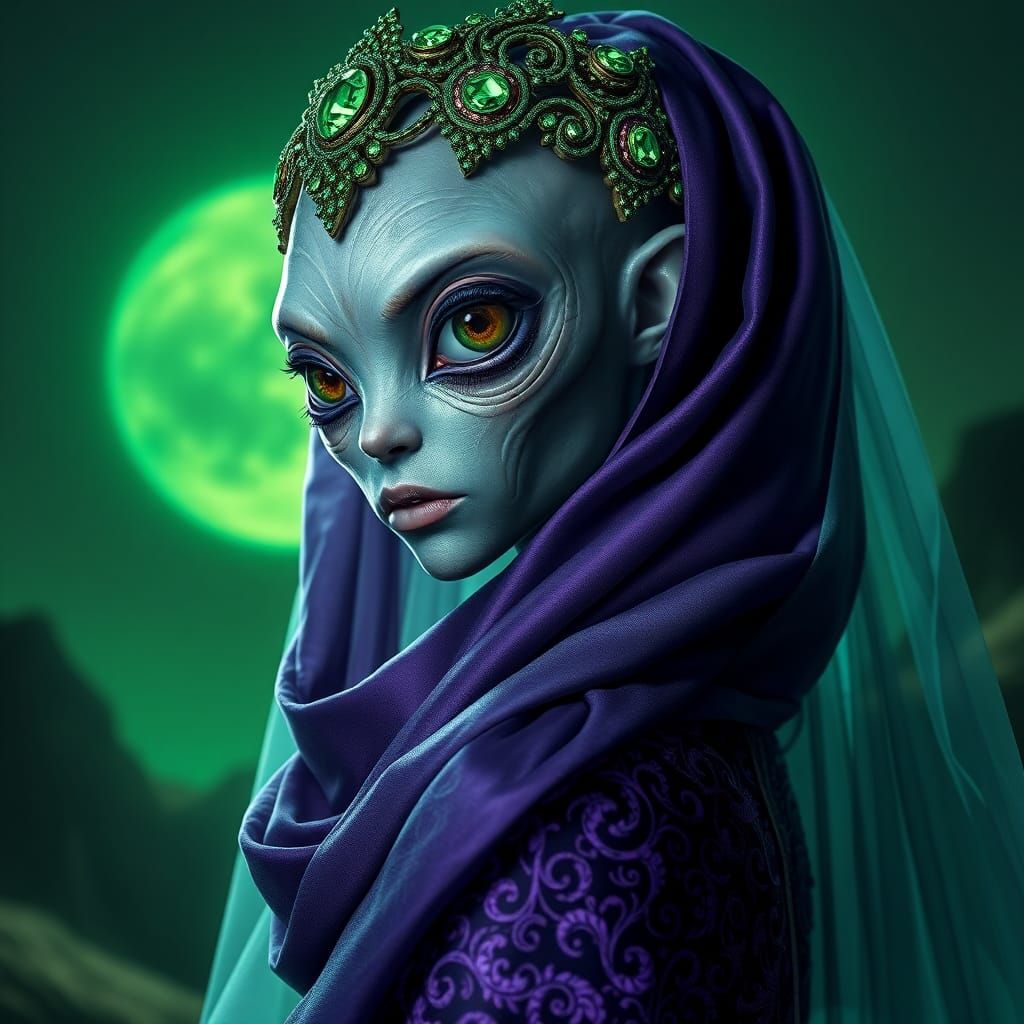 Alien Bride in Green Moonlight: Digital Art