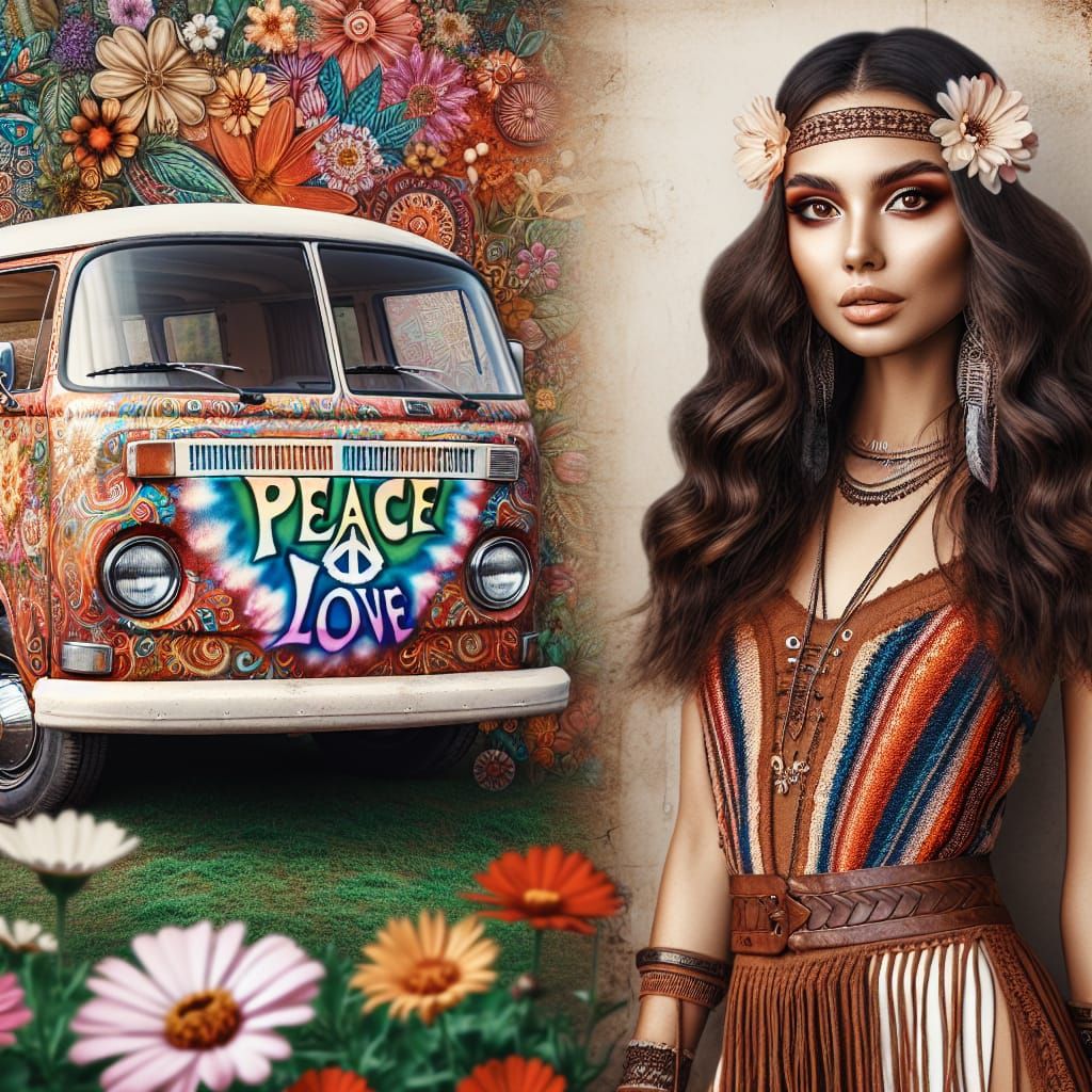 A beautiful hippie woman standing beside a hippie van with (...