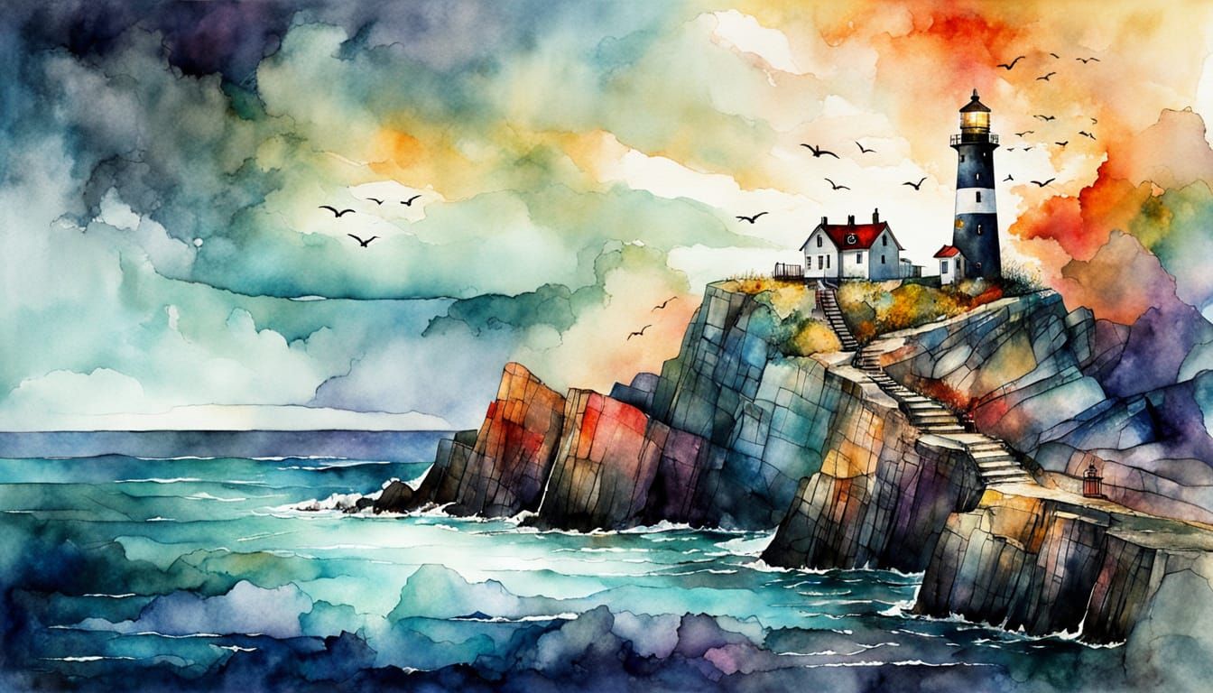 Watercolor Lighthouse on Rocky Outcrop in Dark Palette