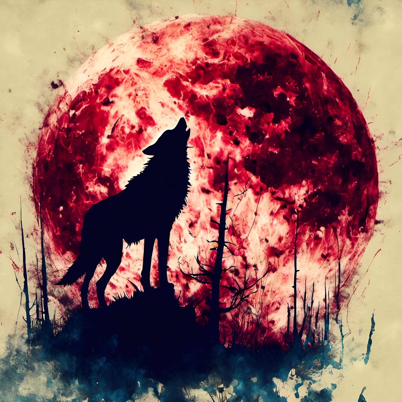 Wolf Silhouette Against Blue Moon in Macabre Style