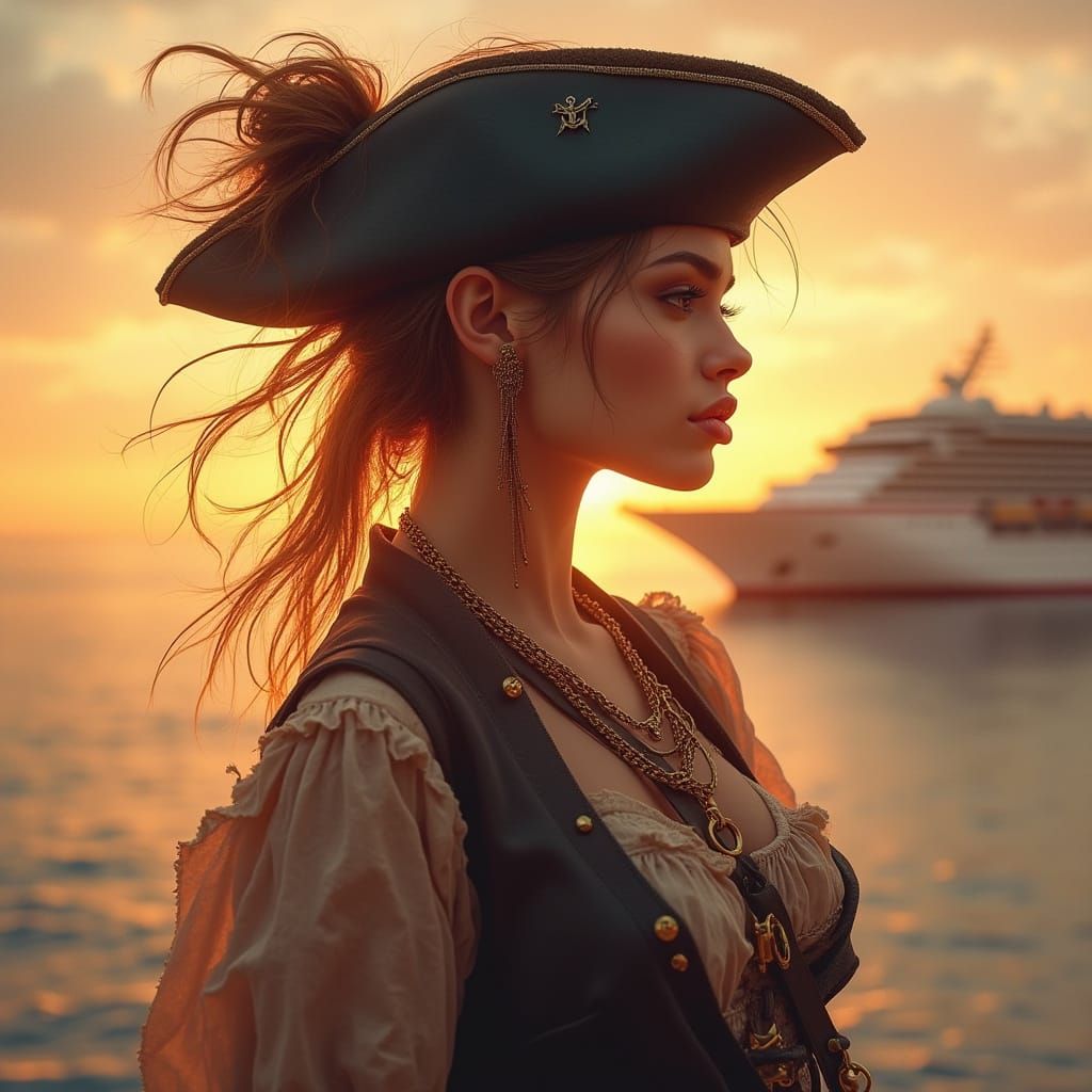 Photorealistic, double exposure of a beautiful female pirate...