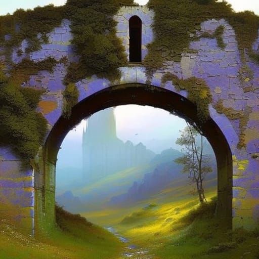 Impressionistic Archway in Countryside with Misty Castle