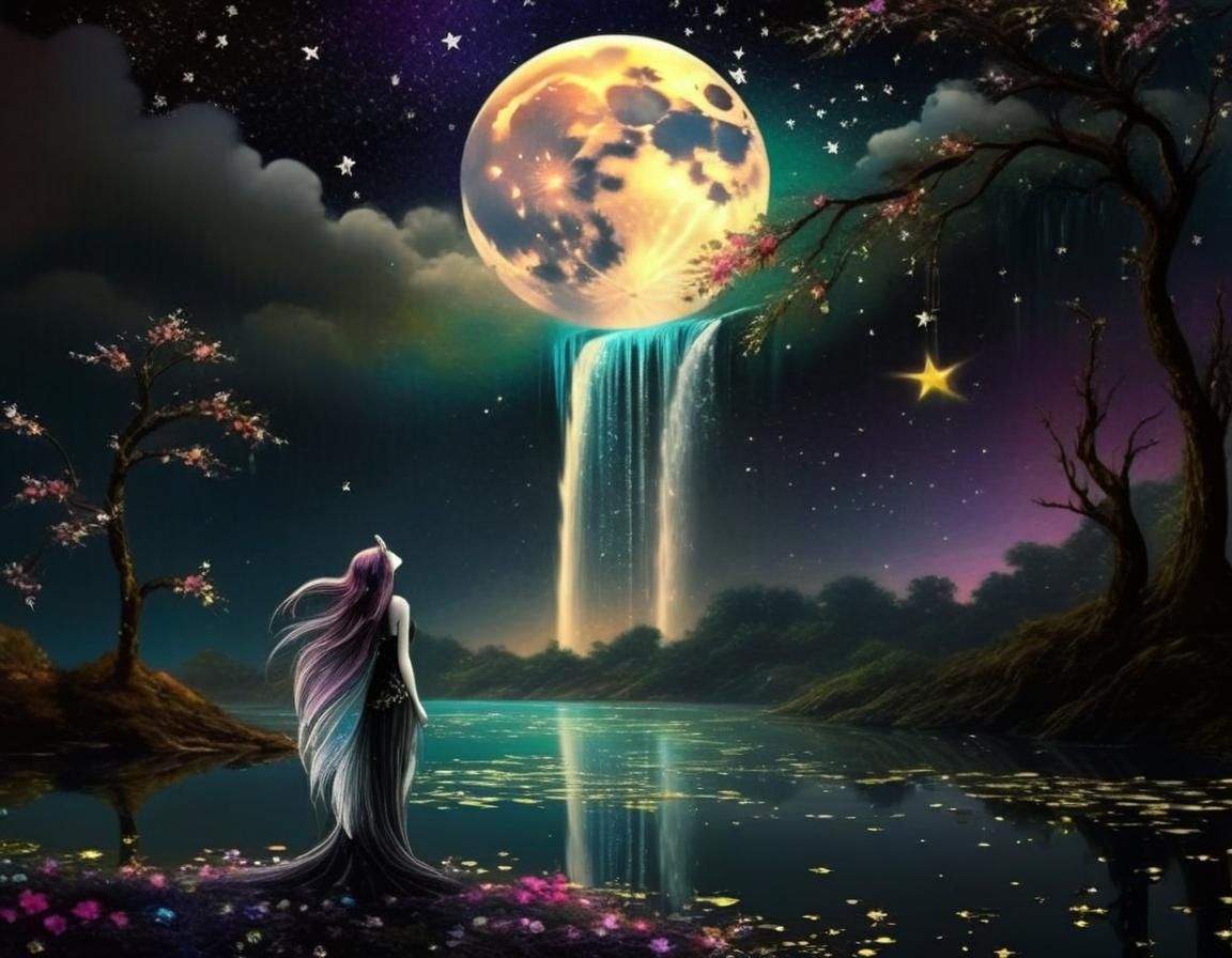 Moon Waterfall Dreamscape in Surreal Digital Art