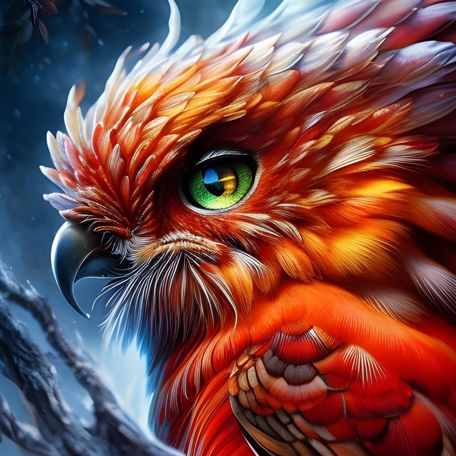 Chibi Fire Owl Portrait in Detailed Gouache Style
