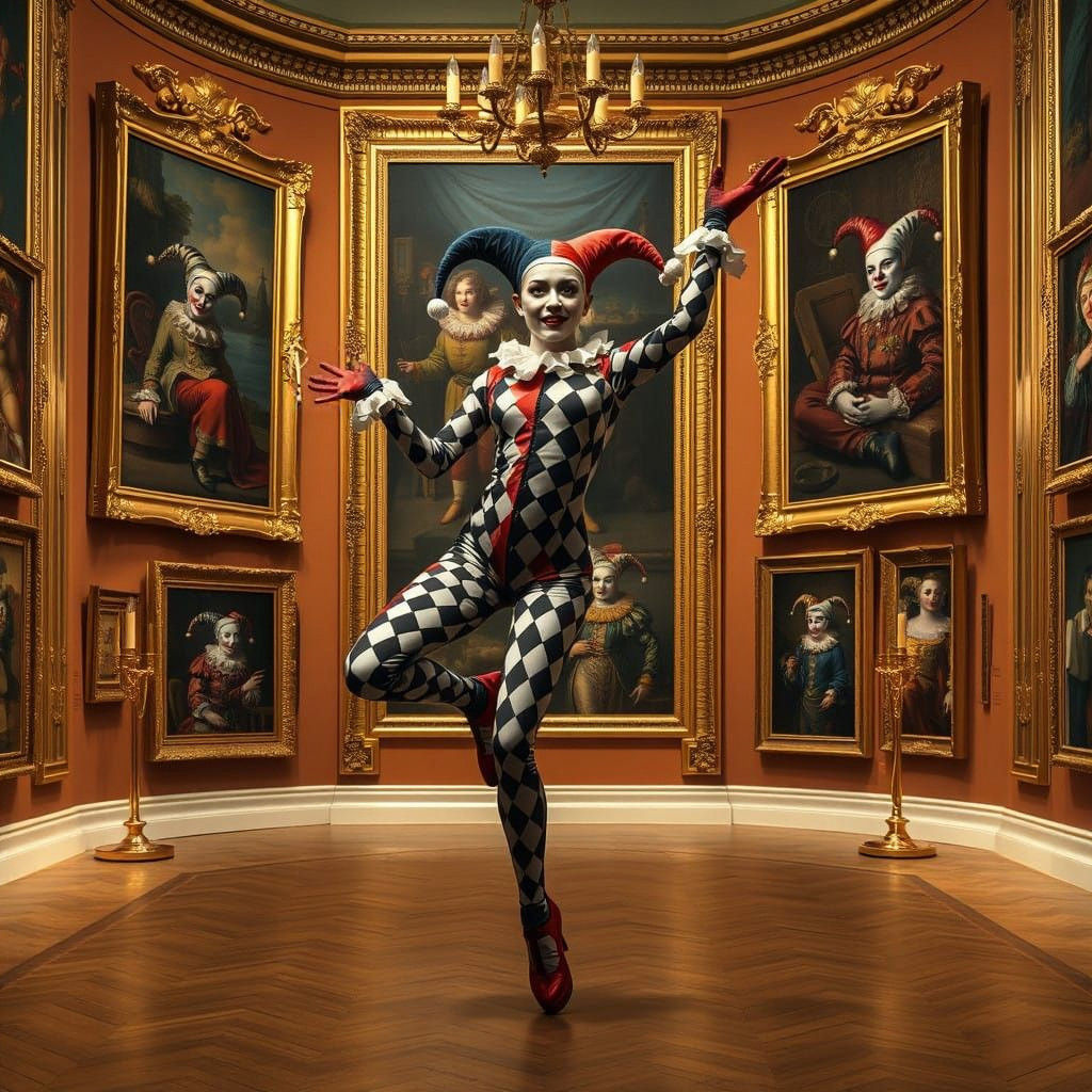 Romantic Jester in a Classical Art Gallery