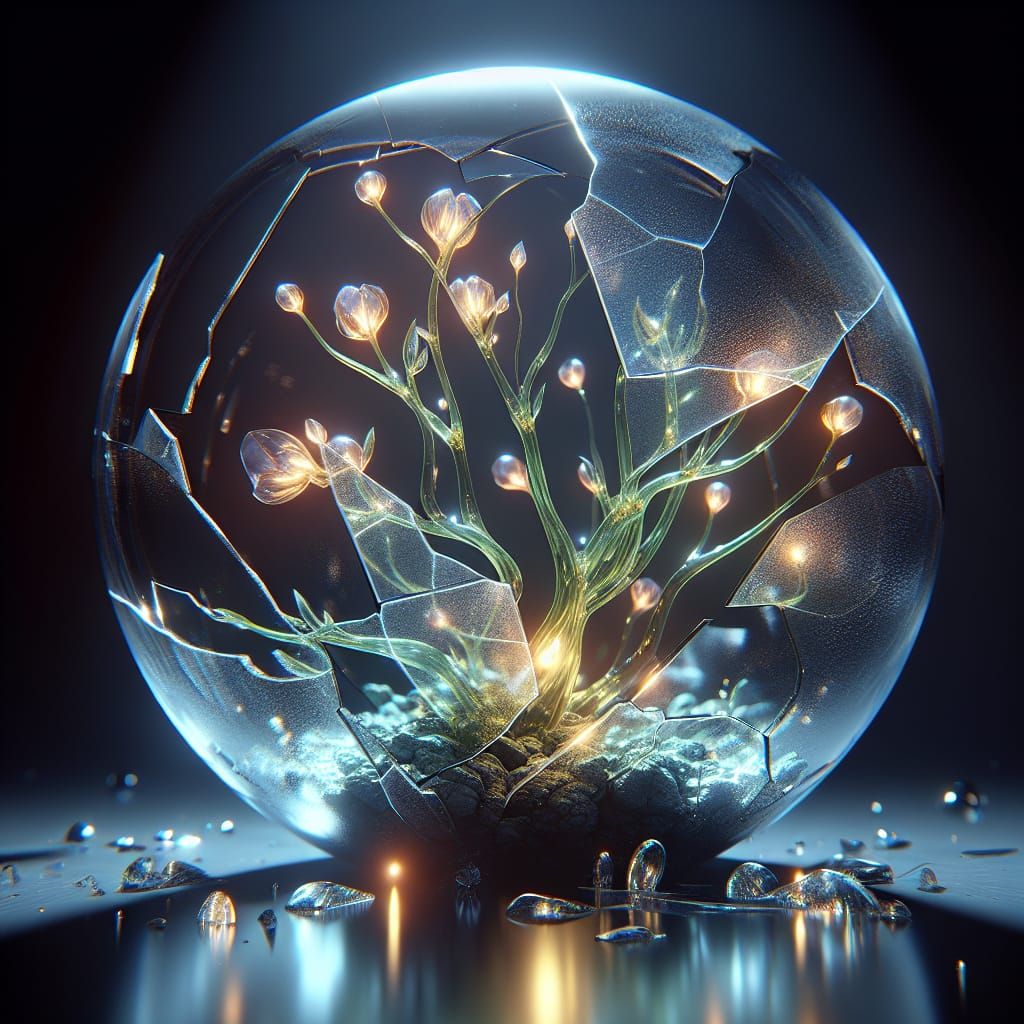Bioluminescent Alien Plants Crack Glass Sphere: CGI Render