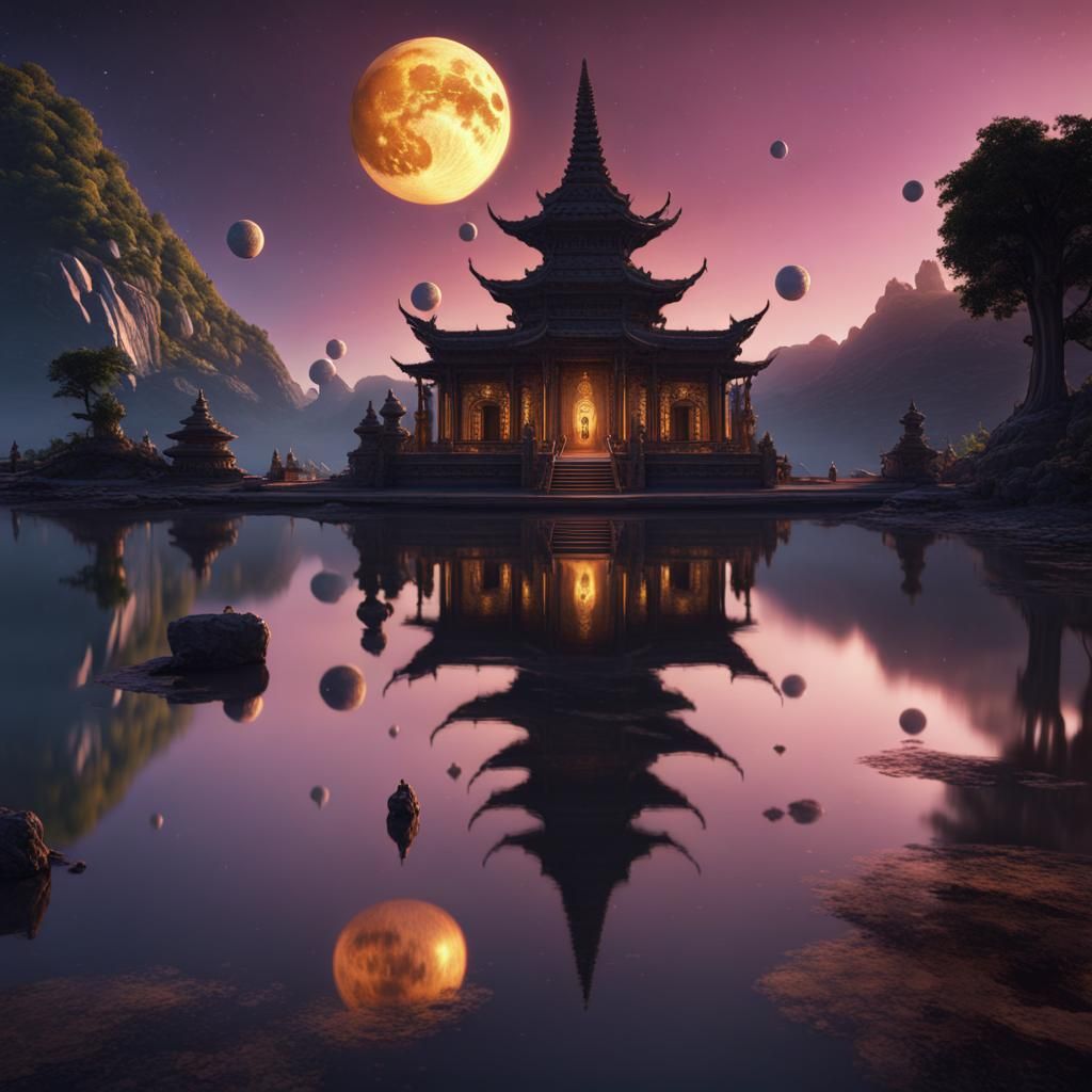 The Buddha contemplates the moon reflecting on a still lake