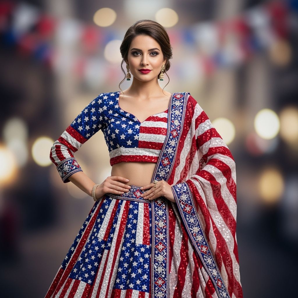 American Woman in Patriotic Lehenga