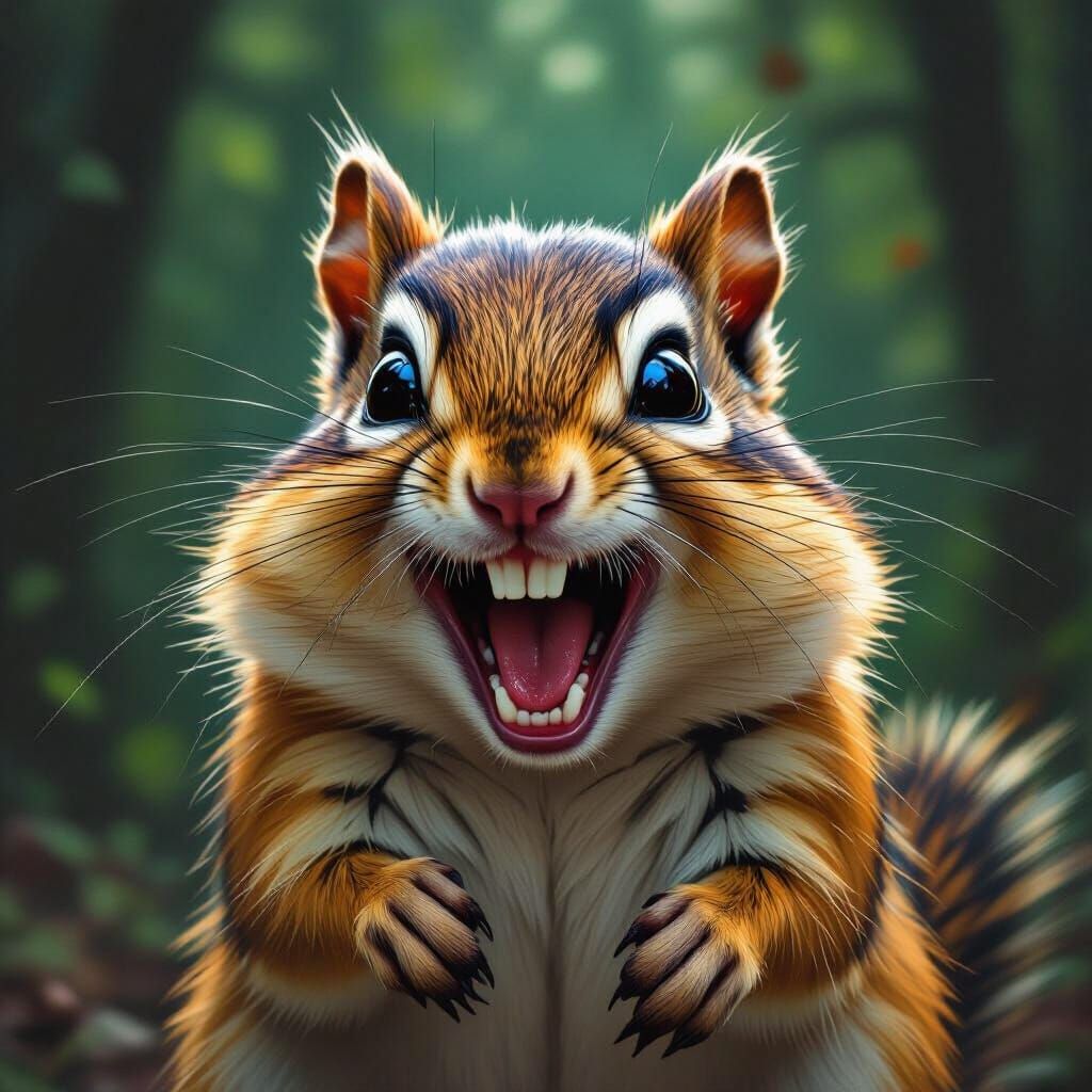 Hyperrealistic Chipmunk Laughing Evilly in Eerie Forest