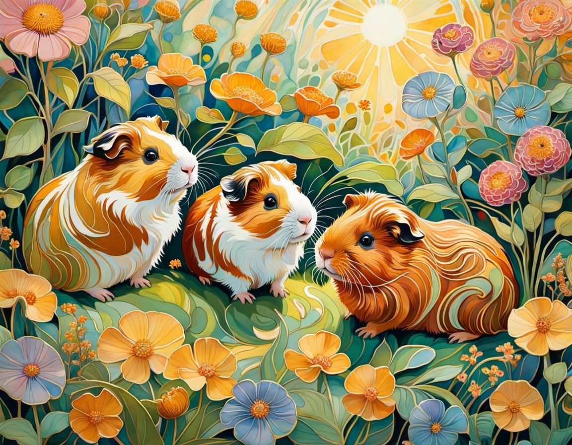 Guinea Pigs Explore Magical Garden in Art Nouveau Style