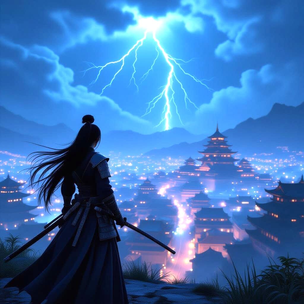 Female Samurai Approaches City at Night Under Lightning Sky