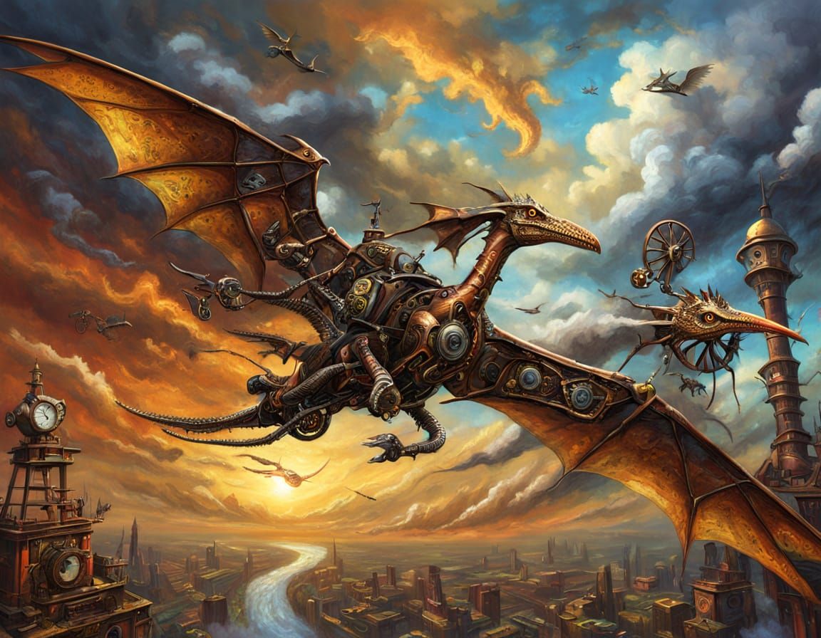 Steampunk Pterodactyl Soaring Through the Sky