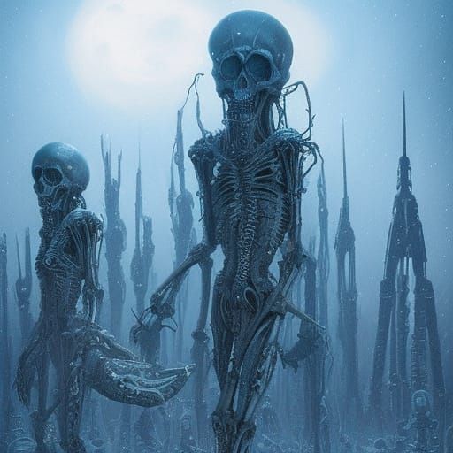 Futuristic Skeletons in Blizzard: Sci-Fi Horror Art