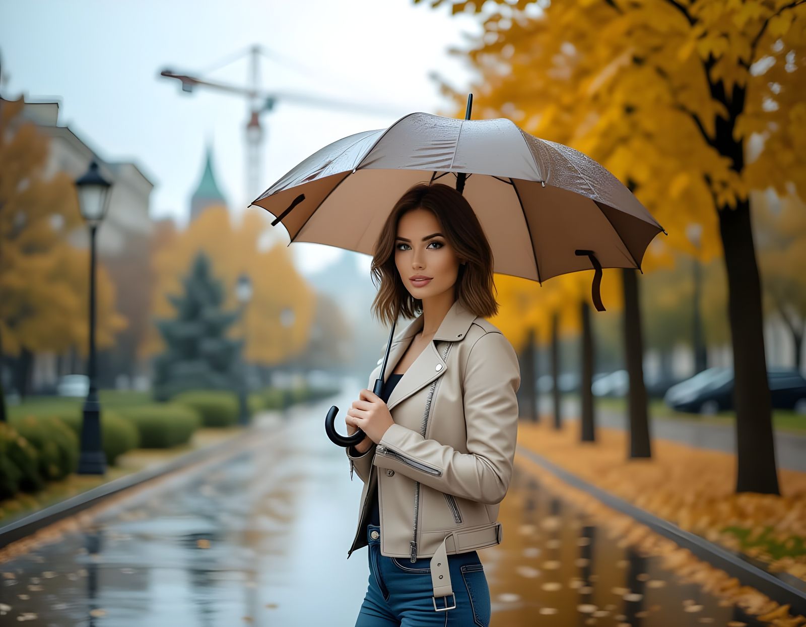 Autumnal Park Scene with Woman and Cranes