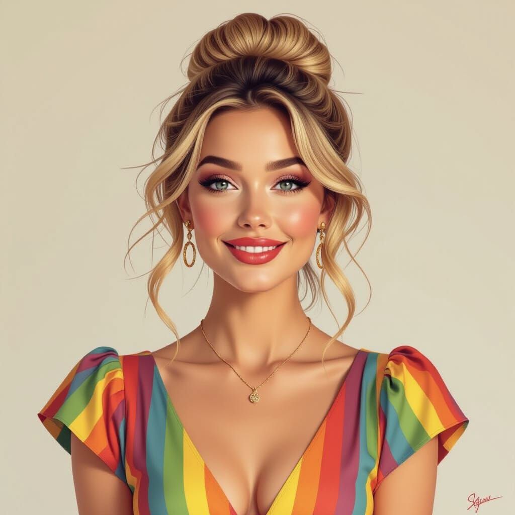 Elegant Blonde Woman with Rainbow Dress in Hyperrealism
