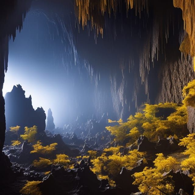 Detailed Cave with Quartz Stalagmites, Photorealistic Digita...