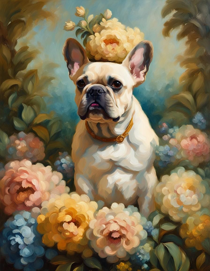 French Bulldog in Rococo Style Oil Painting