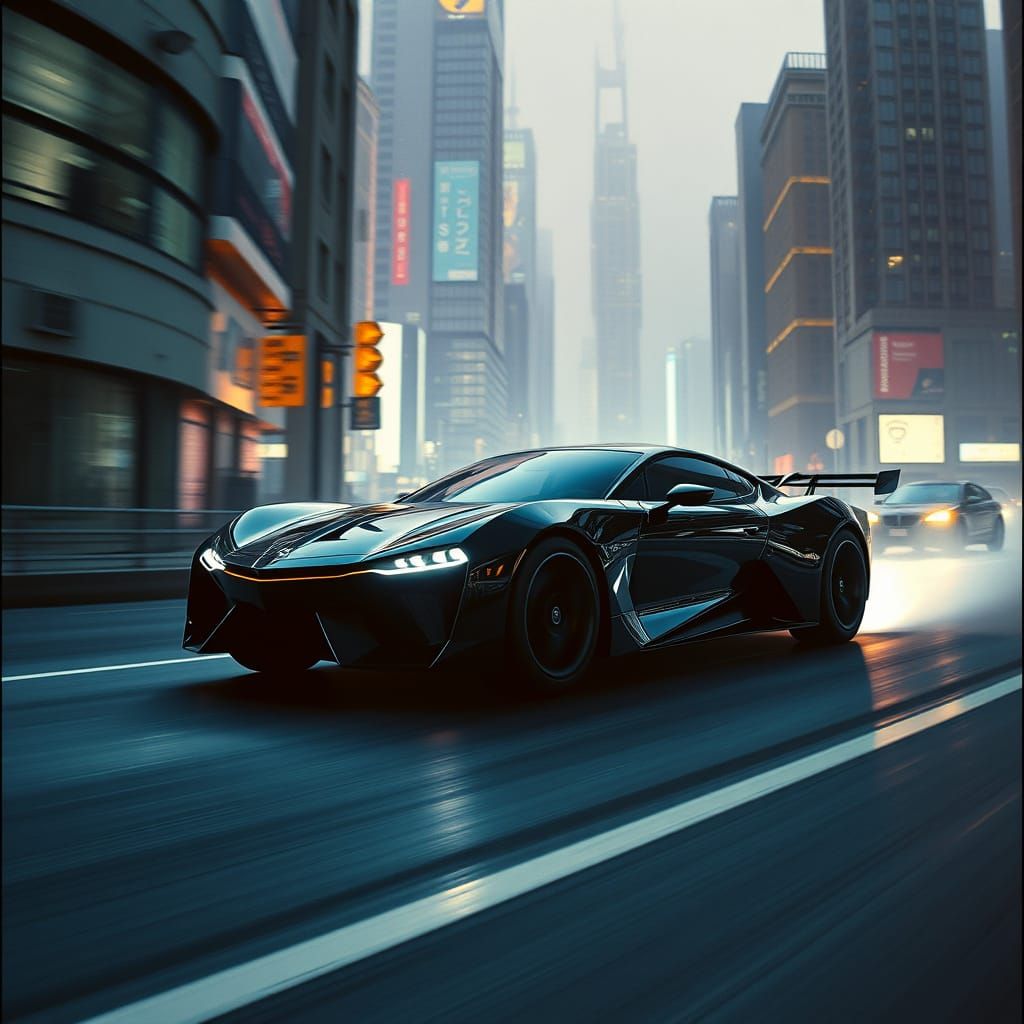Futuristic Car Speeding Through Dystopian Cityscape