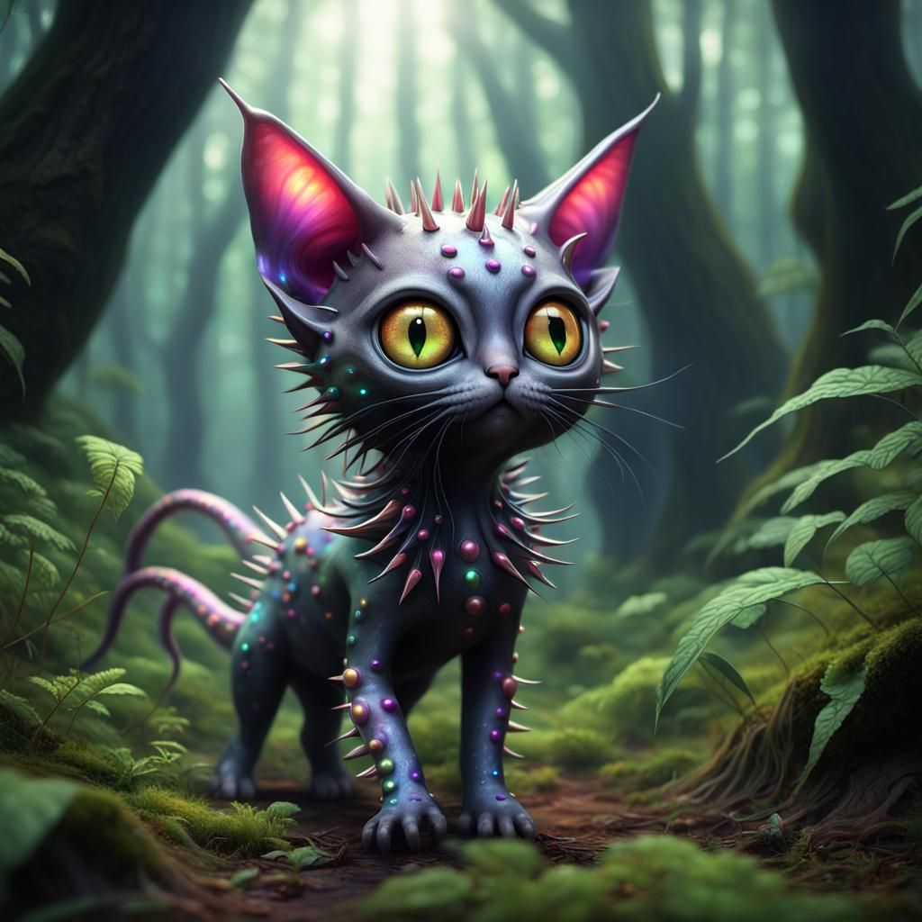 Space Squid Kitten Walks in Lush Forest