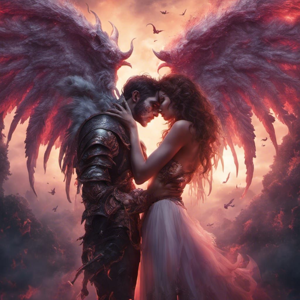 Passionate Kiss: Angel and Demon Fantasy Art