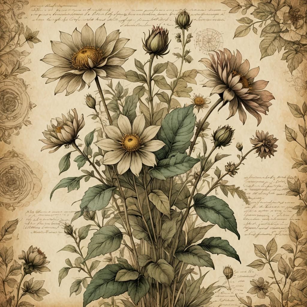 Botanical Flowers in Da Vinci Style Illustration