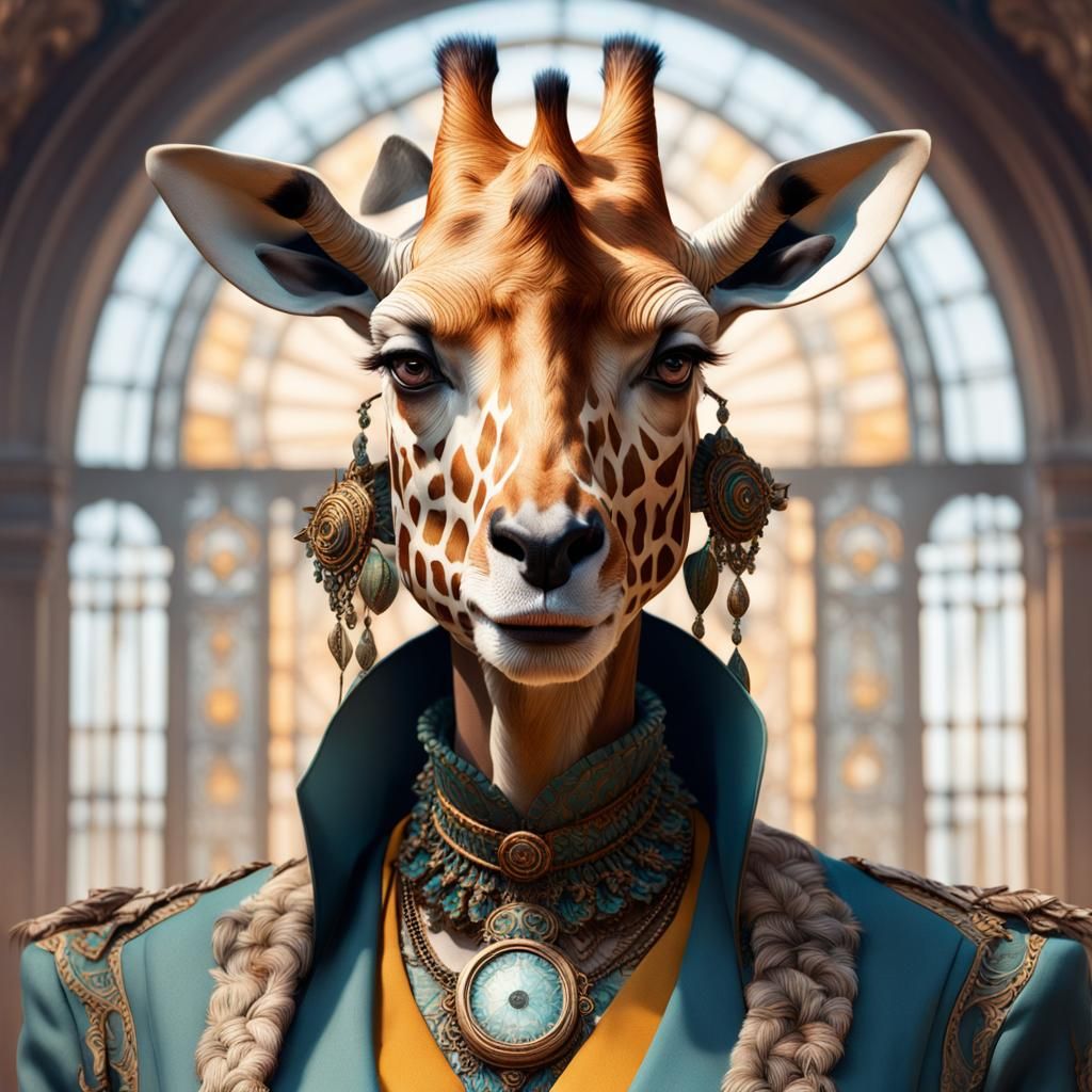 Giraffe-Headed Woman Portrait in Art Nouveau Style