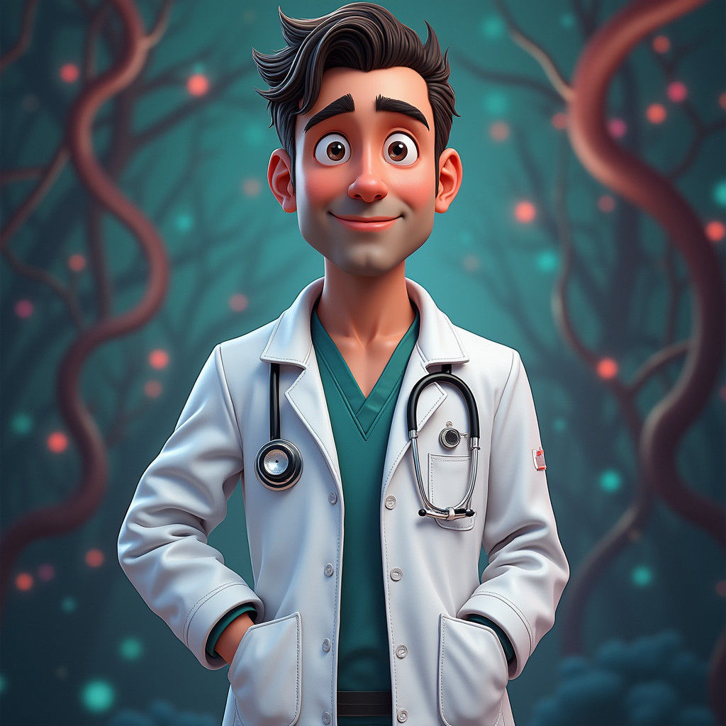 Hyper-Realistic Cartoon Doctor Avatar in Fantastical Setting
