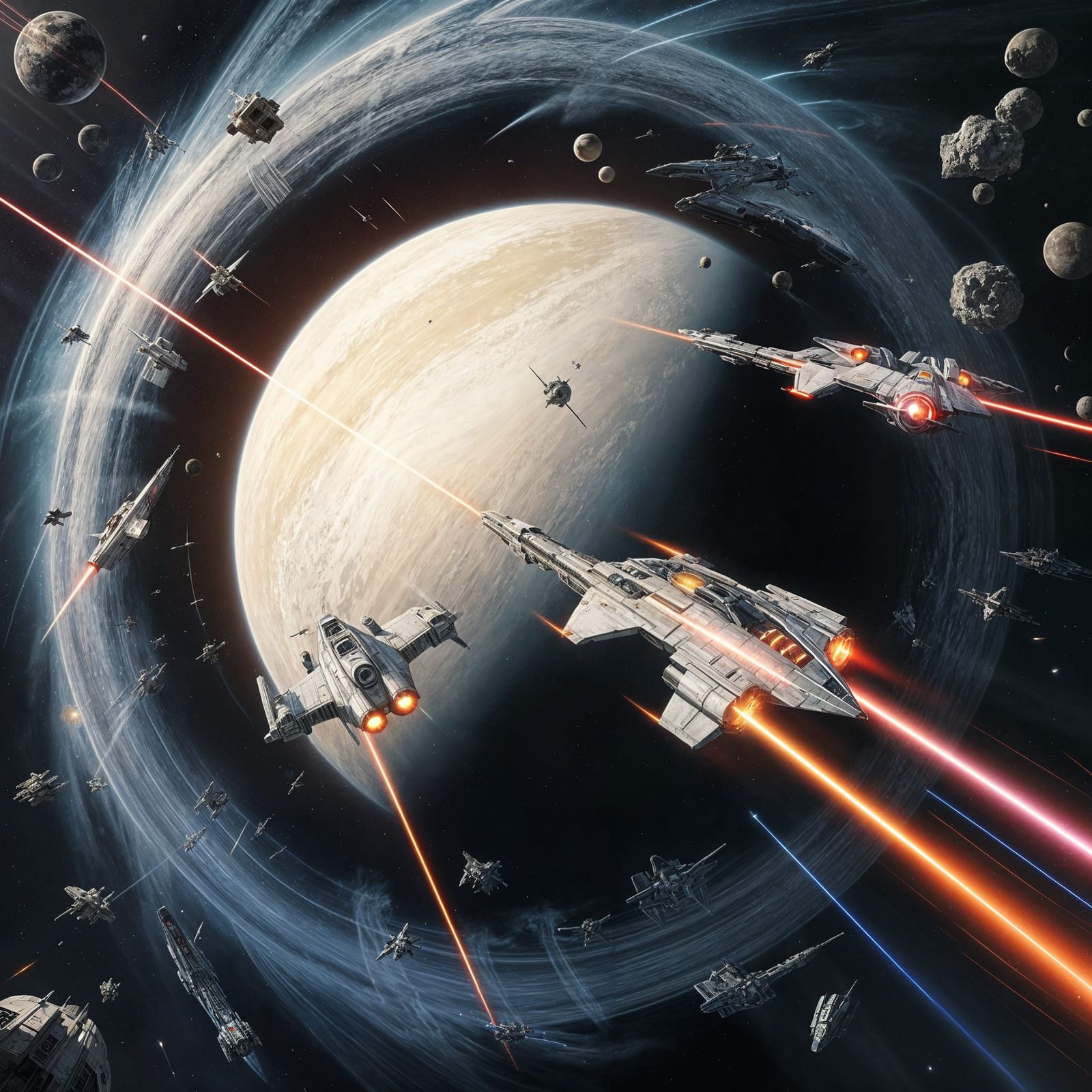 Sleek Starfighters in High-Speed Chase Through Gas Giant Rin...