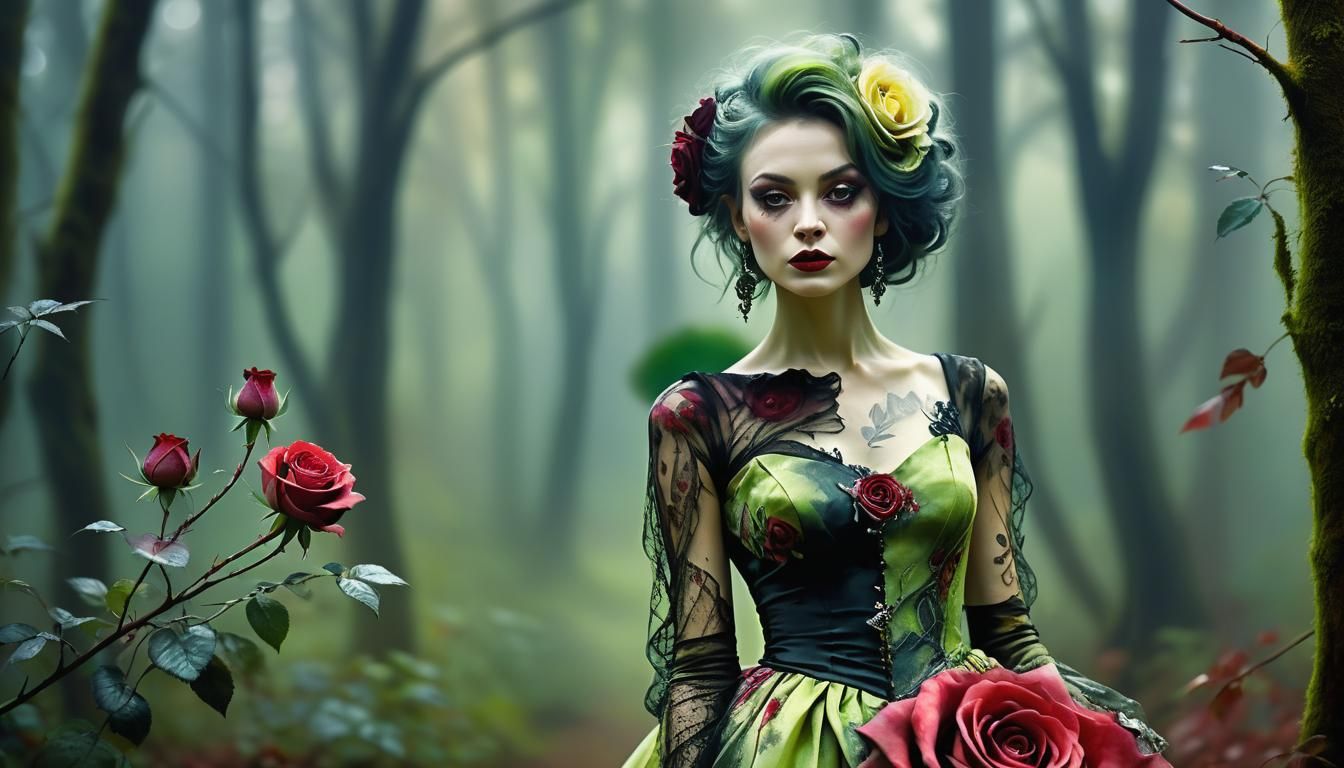 Mysterious Woman with Red Rose in Oil Painting Style