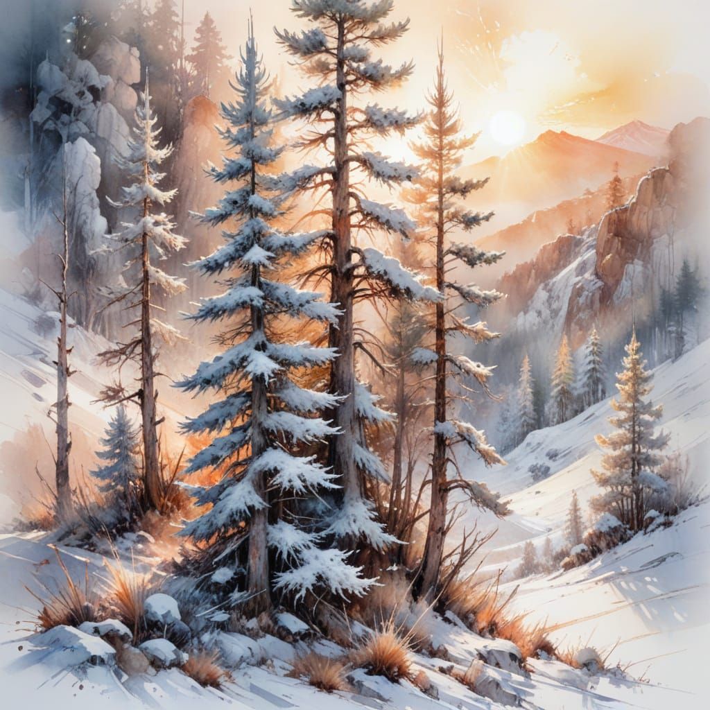 Winter Sunrise Over Frosty Pine Trees