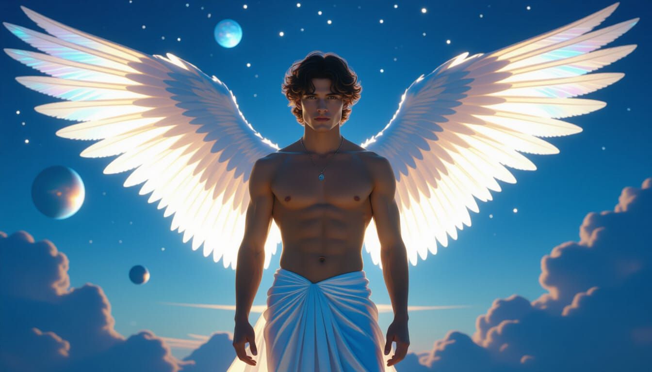 Ethereal Man With Iridescent Wings on Celestial Platform