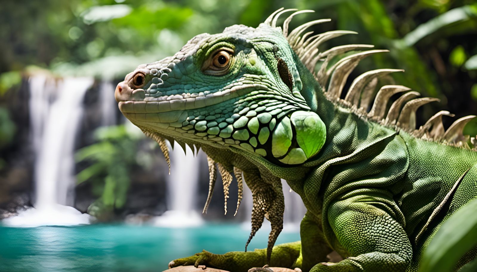 Iguana in Tropical Jungle Waterfall Scene