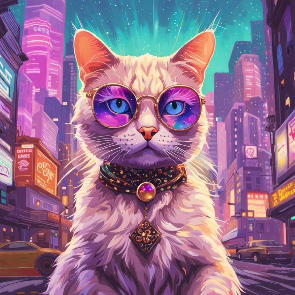 Vaporwave Fashion Cat in City: Detailed Anthropomorphic Art