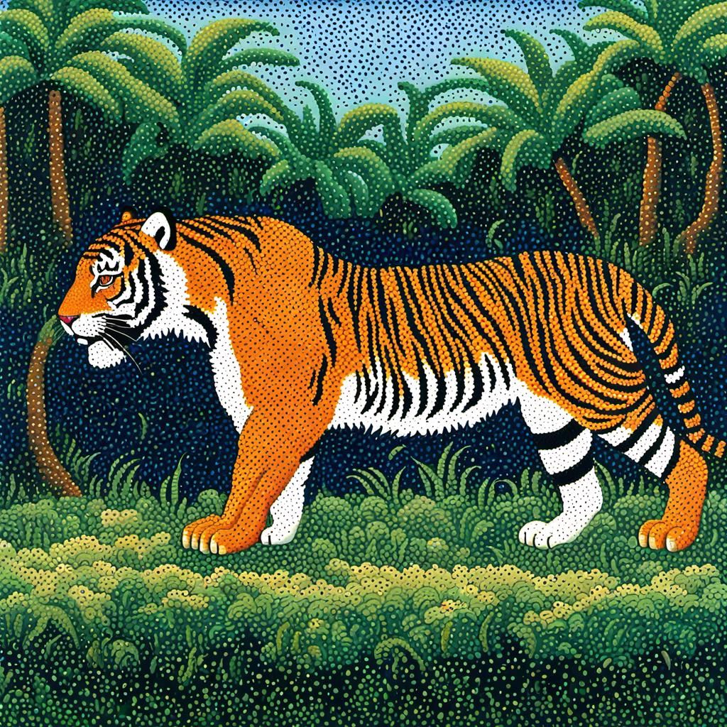 Pointillist Tiger in Storm Inspired by Seurat