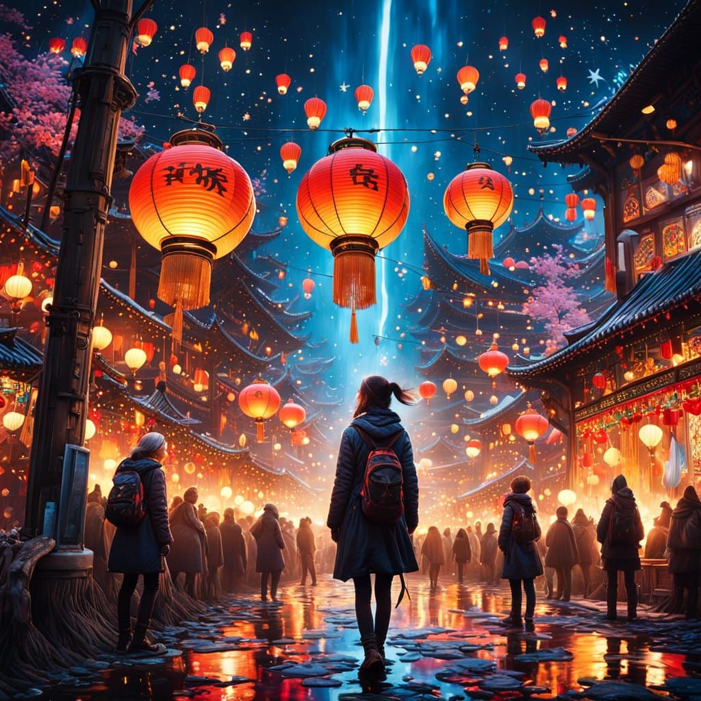 Celestial Celebration: Lanterns Dance on a Midnight River
