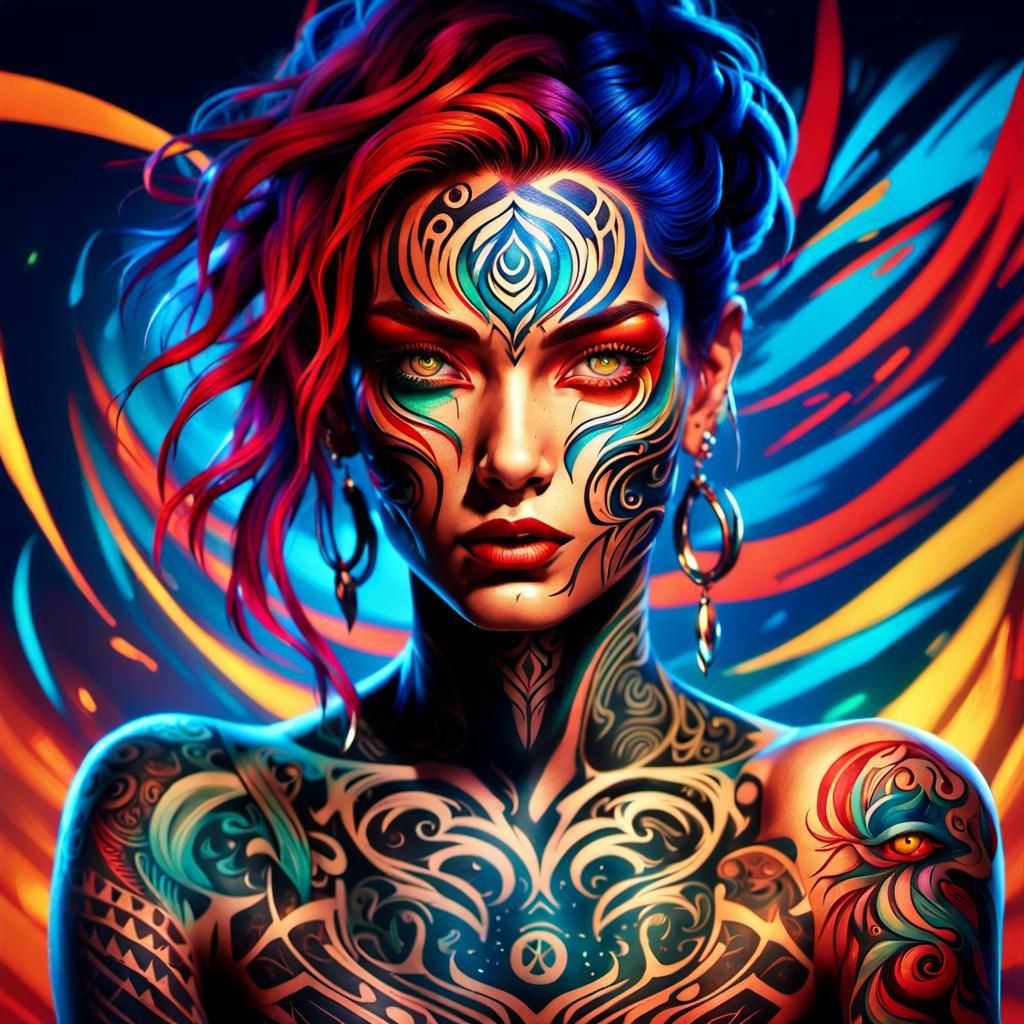 Woman with Split Eyes and Glowing Tattoos