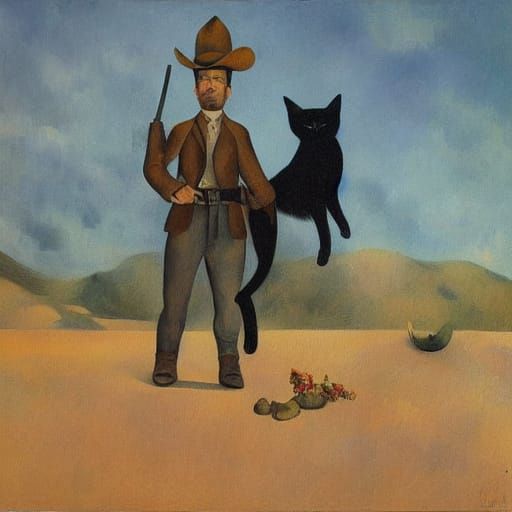 Surreal Cowboy and Bat-Winged Cat in Desert Oil Painting