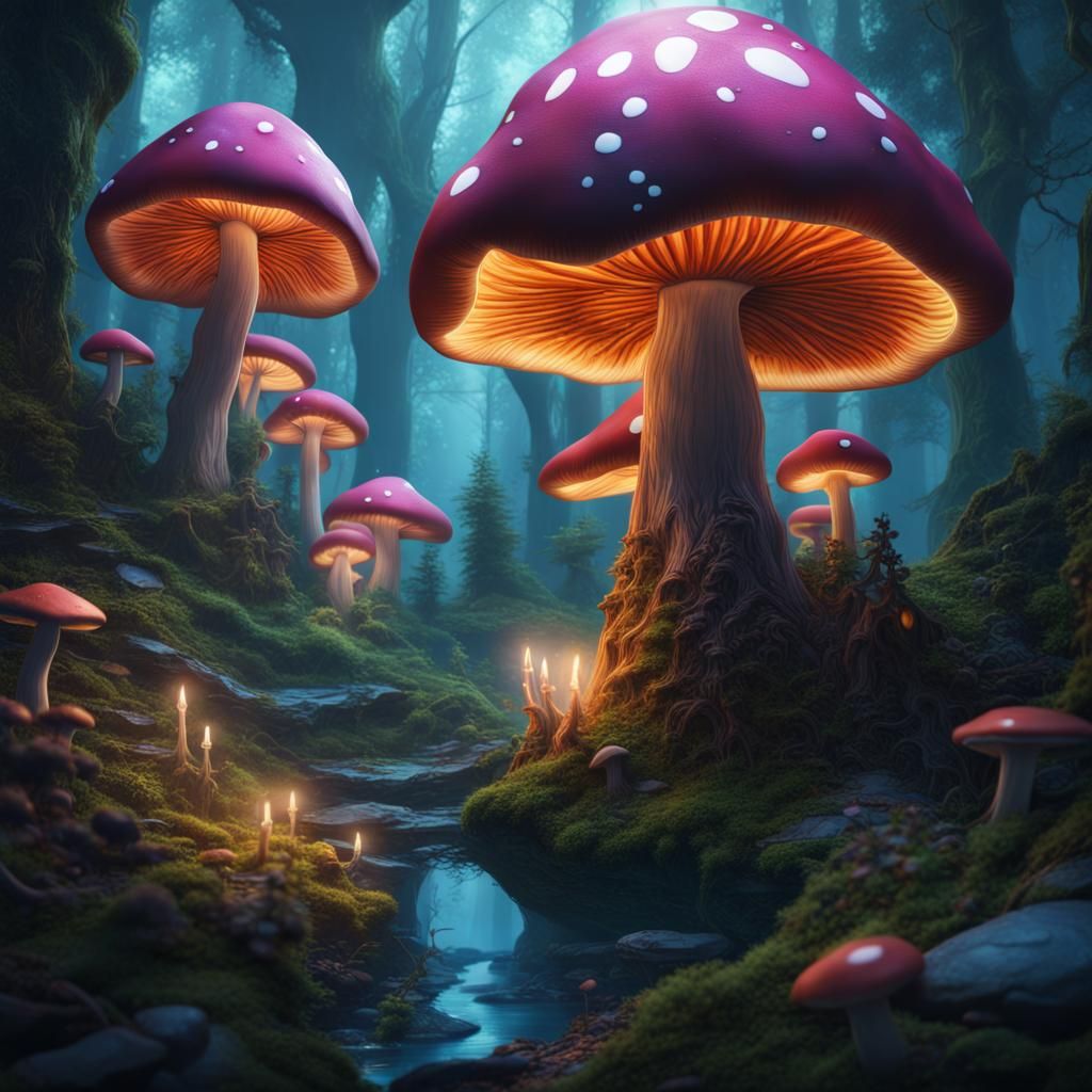<lora:eye:1.0> a magic forest of giant and luminous mushrooms with hidden little creatures
