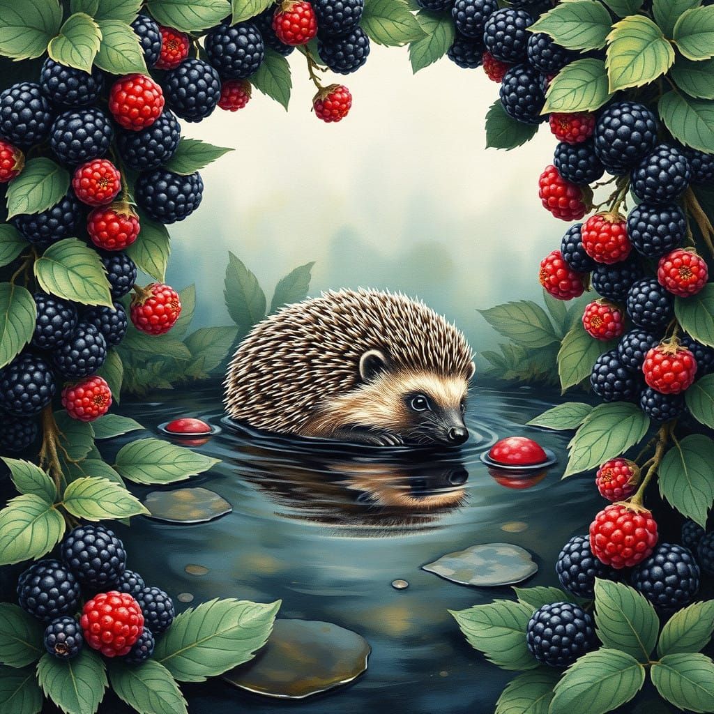 Art Nouveau Masterpiece: Wild Blackberries and Hedgehog in G...