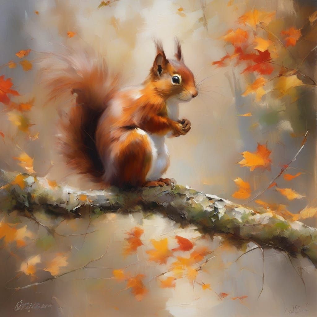 Red Squirrel in Autumn Light, Impressionist Oil Painting