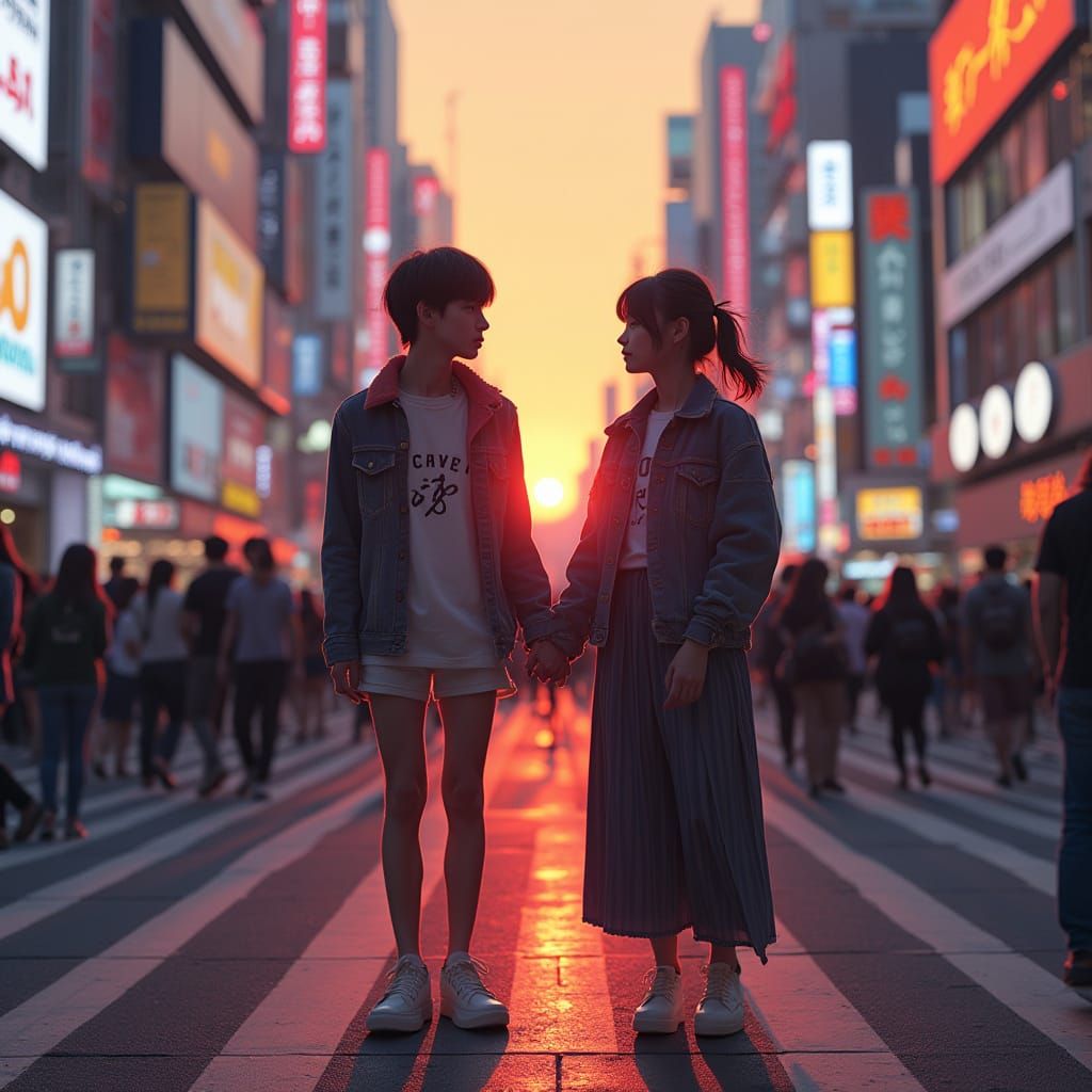 Romantic Sunset at Shibuya Crossing in Futuristic Style